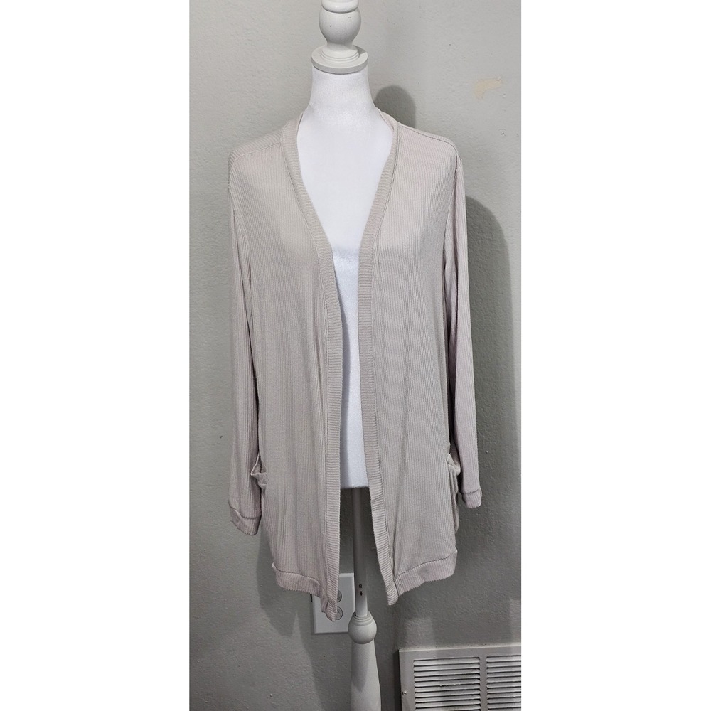 Magaschoni Open Front‎ Cardigan Beige Medium Sweater Pockets Casual Classic Chic